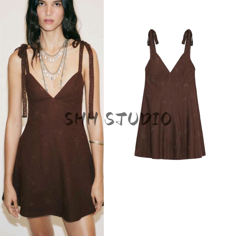 Summer New Product Women's Clothes Linen Blend Bowknot Decoration Embroider V-neck Strap Short Dress 0881395