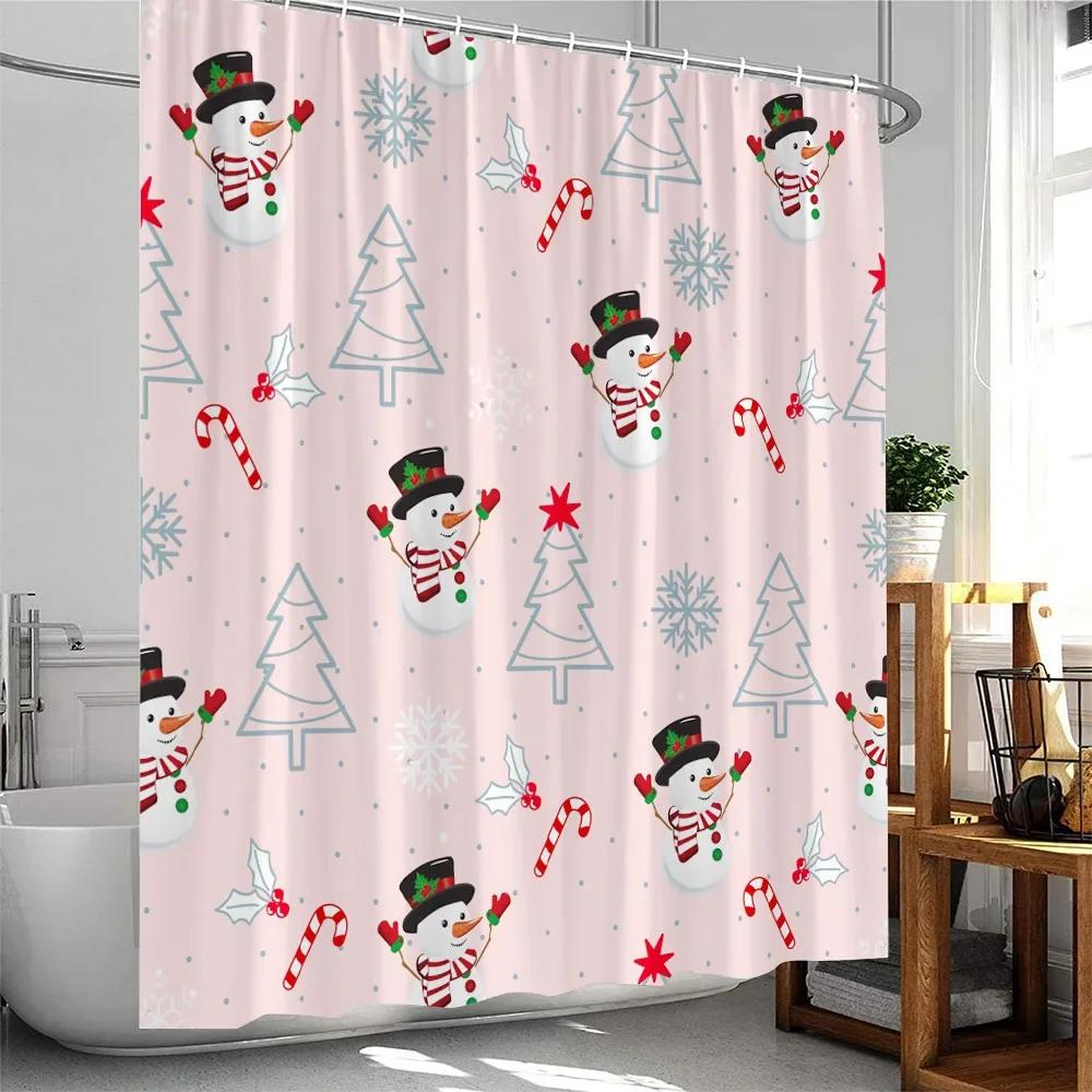 Christmas Cartoon Shower Curtain Santa Claus Xmas Tree Elk Snowflake Merry Christmas Bathtub Decor Polyester Fabric Bath Curtain 90x180cm-35x70in