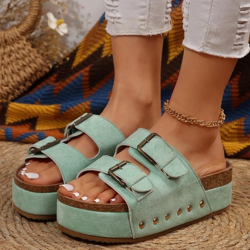 New Spring Summer Women's Plus Size Chunky Sole Birkenstock Style Rivet Metal Buckle Strap Beach Slide Sandals