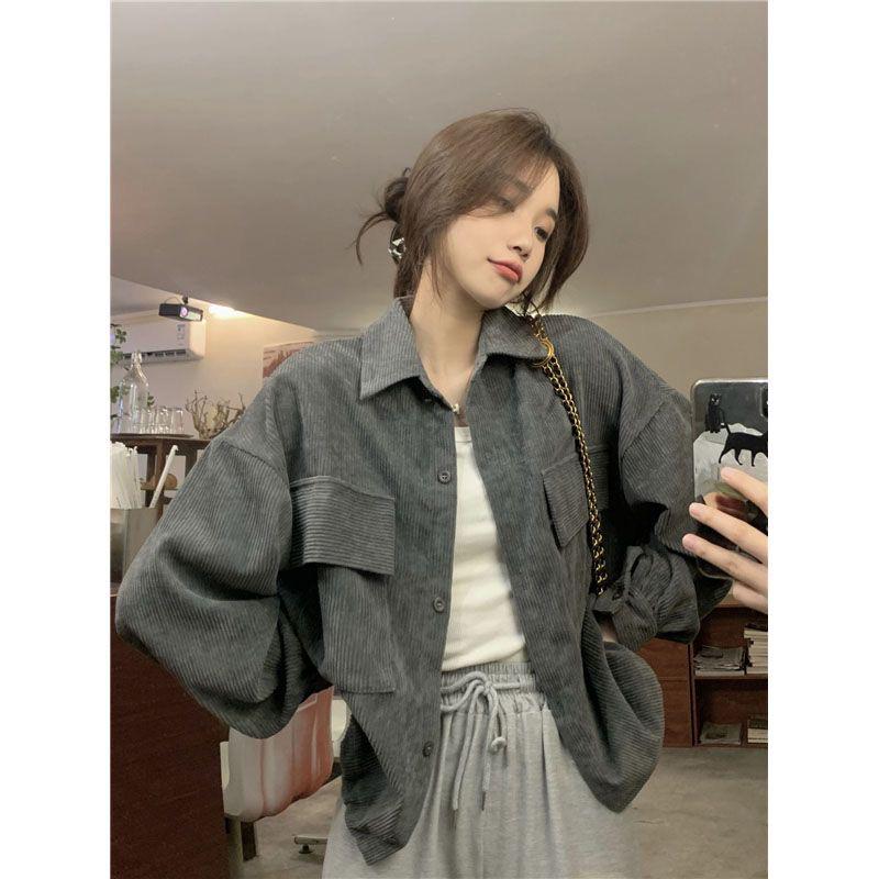 Korean Style Retro Corduroy Lapel Cardigan for Women - Spring/Autumn 2026 Trendy Design
