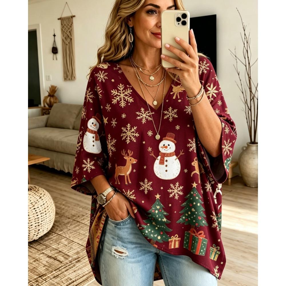 Halloween Printed T-shirt, Pumpkin Lantern Ghost T-shirt, Plus Size Women's V-neck Bat Sleeve Seven Quarter Sleeve Casual Top