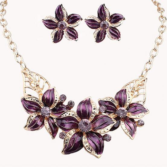 Mode kvinnor Rhinestone Flower Statement Hänge Halsband Örhängen Smycken Set