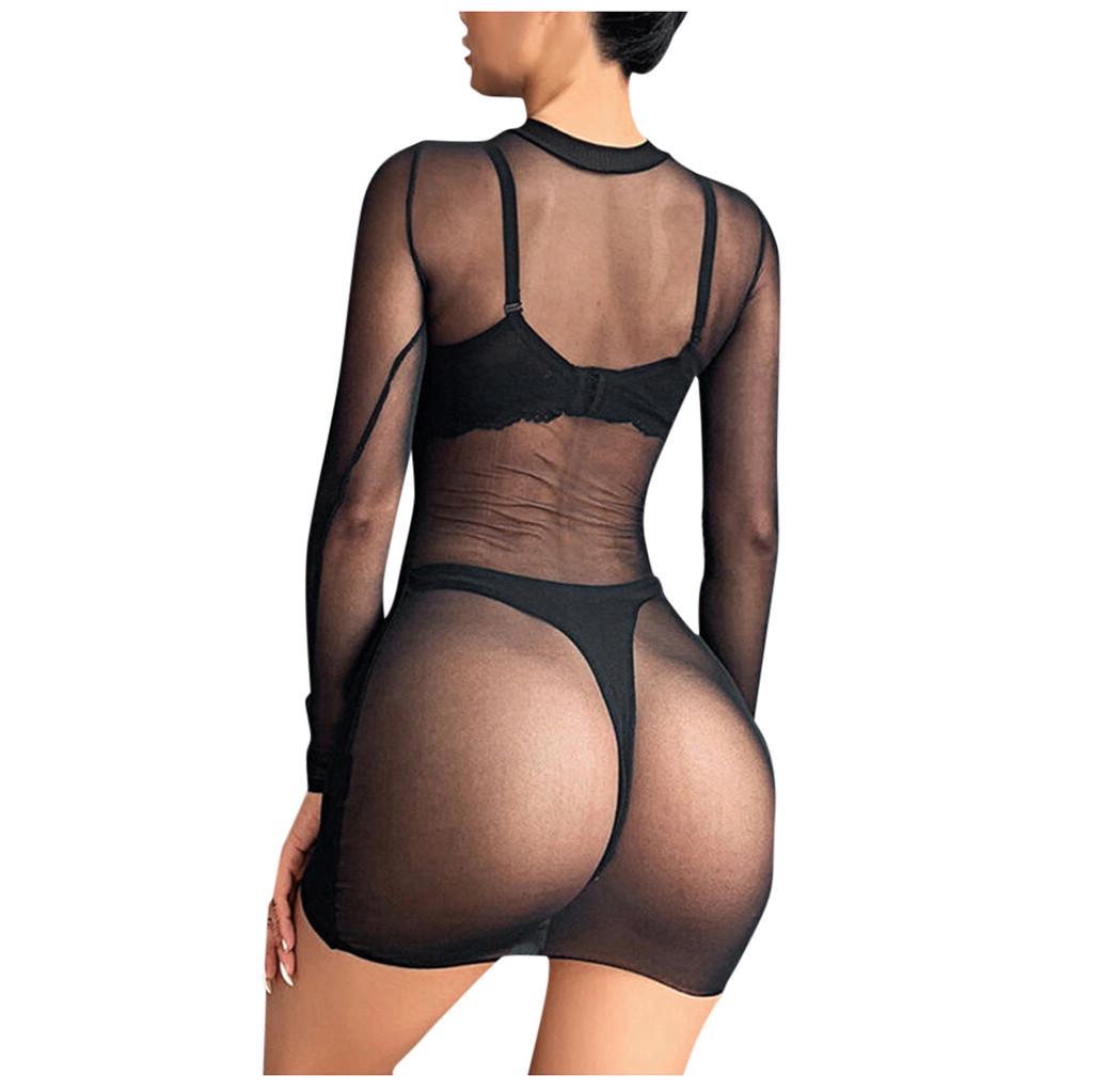 Women's Sheer Mesh See-Through Long Sleeve Crop Tops Casual Clubwear Dress