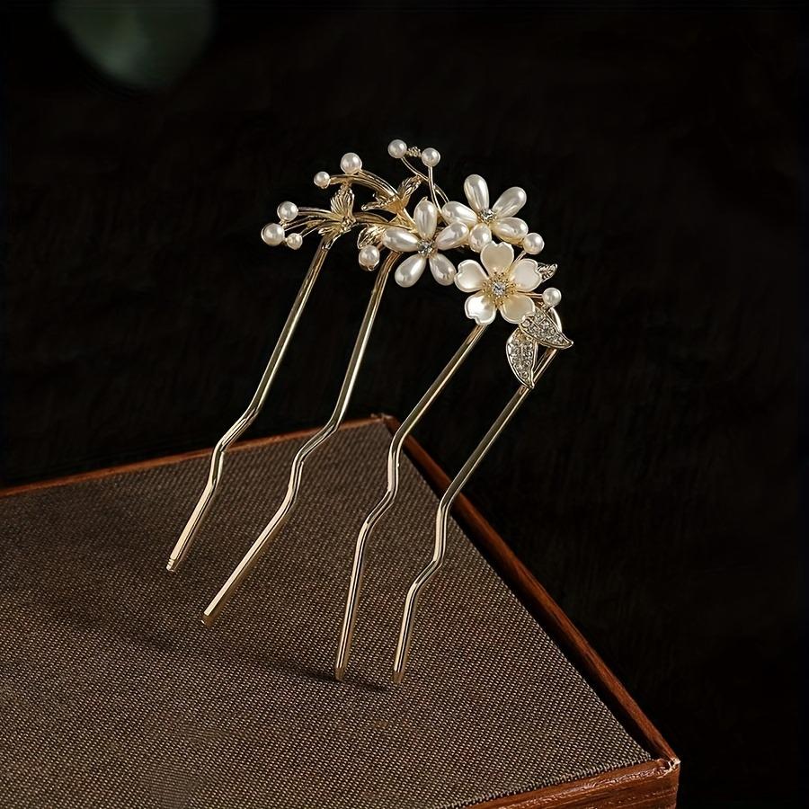 French fashion retro hair accessories elegant pearl flower hairpin women's daily U-shaped hairpin women's alloy hairpin