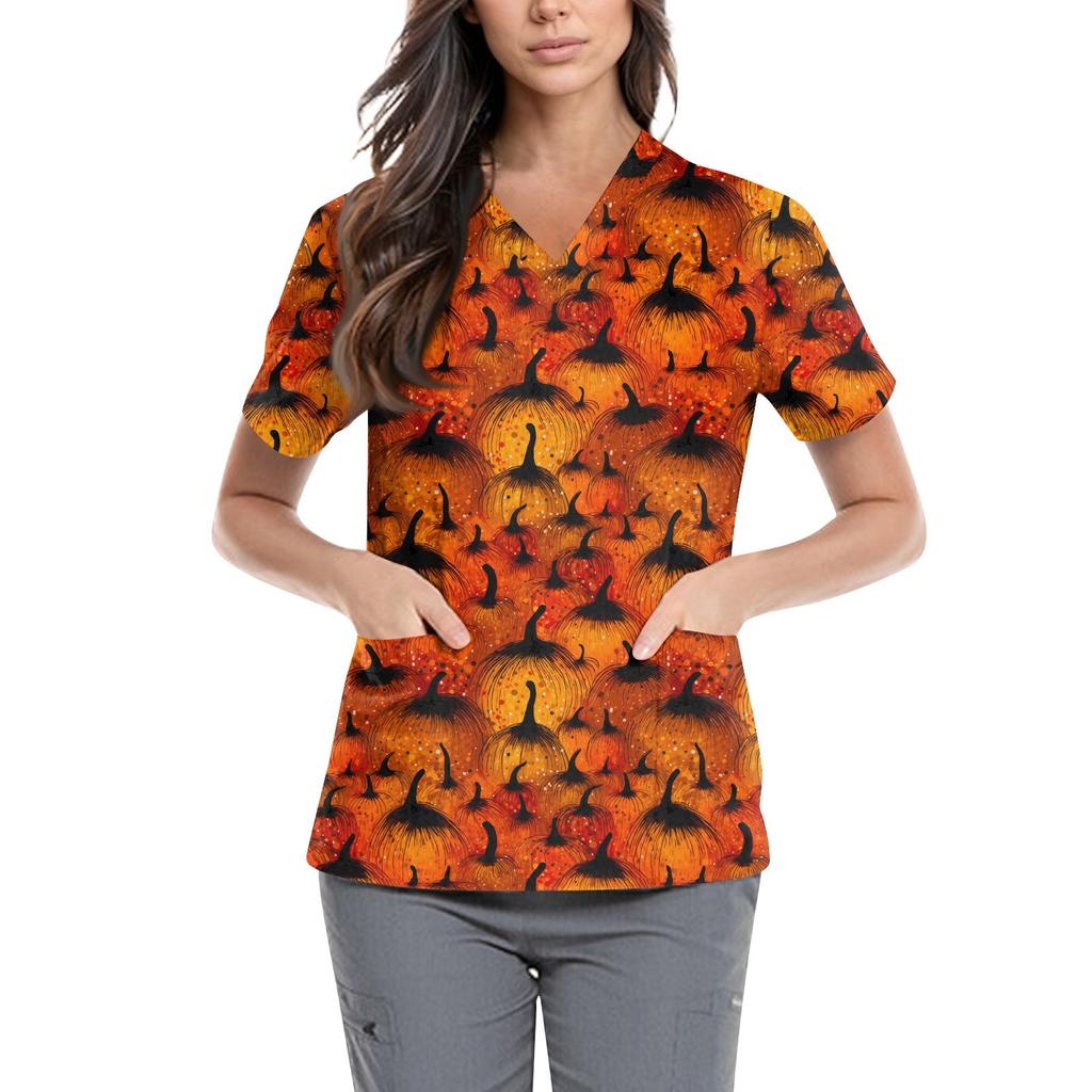 Women's Cute Printed Work Clothes V-neck Double Layer Pockets Basic Short Sleeve Top Pullover Valentines