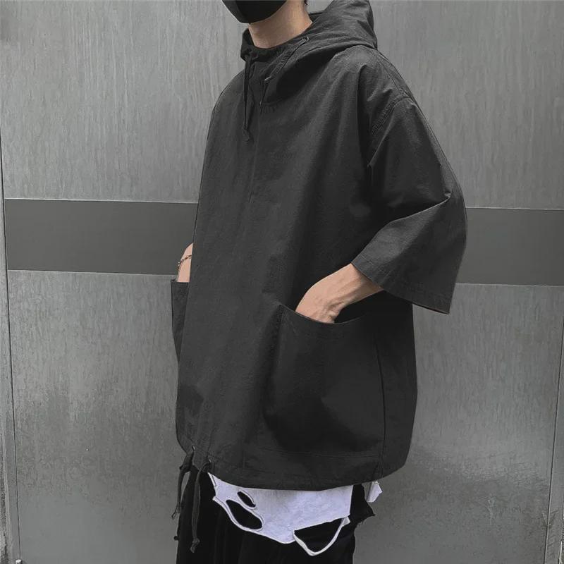 Men's Korean Retro Loose-Fit Hooded T-Shirt: Short-Sleeved Summer Sweatshirt with Trendy Hong Kong Style.