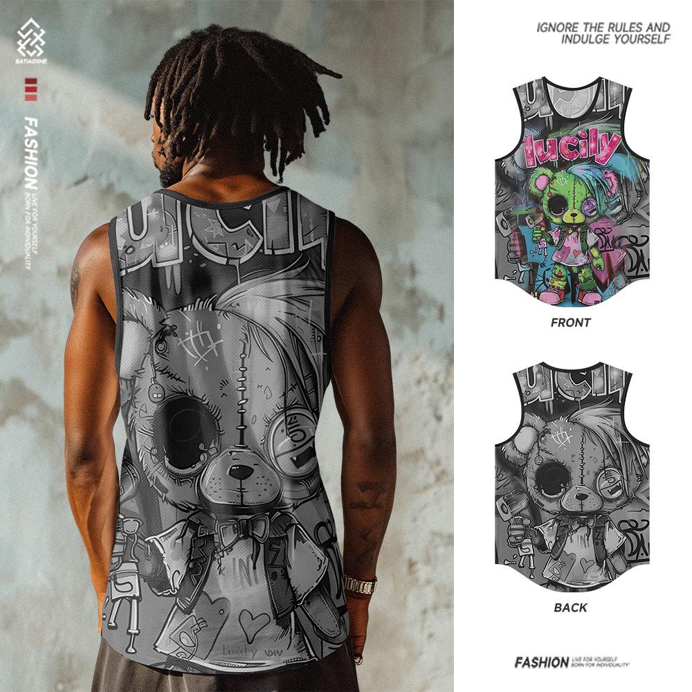 Summer Round Neck 3D Cartoon Pattern Printed Top Fashionable Casual Sleeveless Vest Men's T-shirts