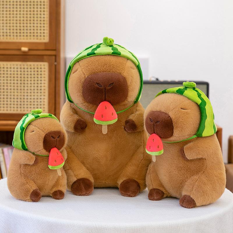 Bai Fen Bai Dolls And Toys Gluttonous Watermelon Capybara Doll Throw Pillow Cute Watermelon Headgear Kapibara Doll Plush Toy Birthday Gift