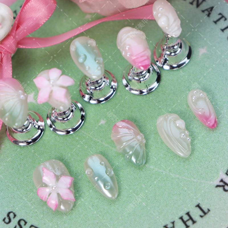Handcrafted Press-On Nails Short Almond Shape With Floral Pearl Design Gradient Watercolor Sweet Chic Style