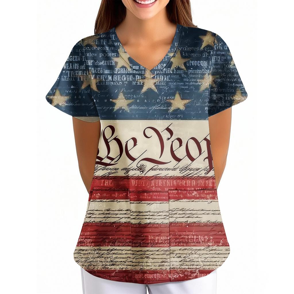Women's Independence Day Printed Loose V-Neck Pocket Short-Sleeve Caregiver/Uniform
