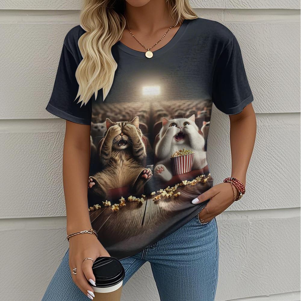 

Летняя женская футболка Кошка смотрит фильм 3D-печать Мода Повседневная Уличная Женская Одежда Оверсайз 8XL