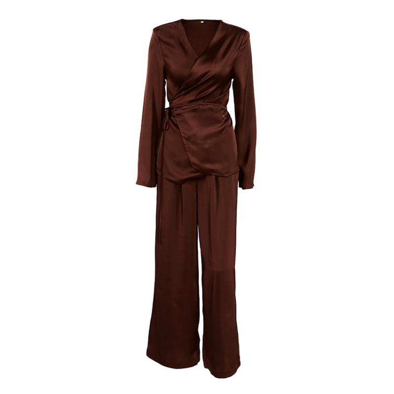 2026 Womens Vintage Brown Long Sleeve Shirt Top Pants 2 Piece Set