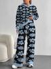 European, American Autumn And Winter Blue Splicing Flower Casual Long-Sleeved Suit Women'S Hooded Sweater Trousers Two-Piece Set