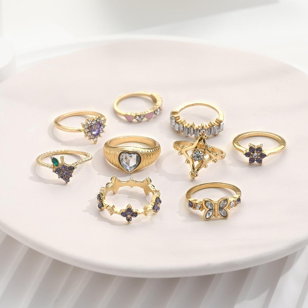 S/Set Tide Pink Love Heart Butterfly Purple Drill Grapes Flower Geometry Rings Sets For Women Originality Ring Party Jewelry