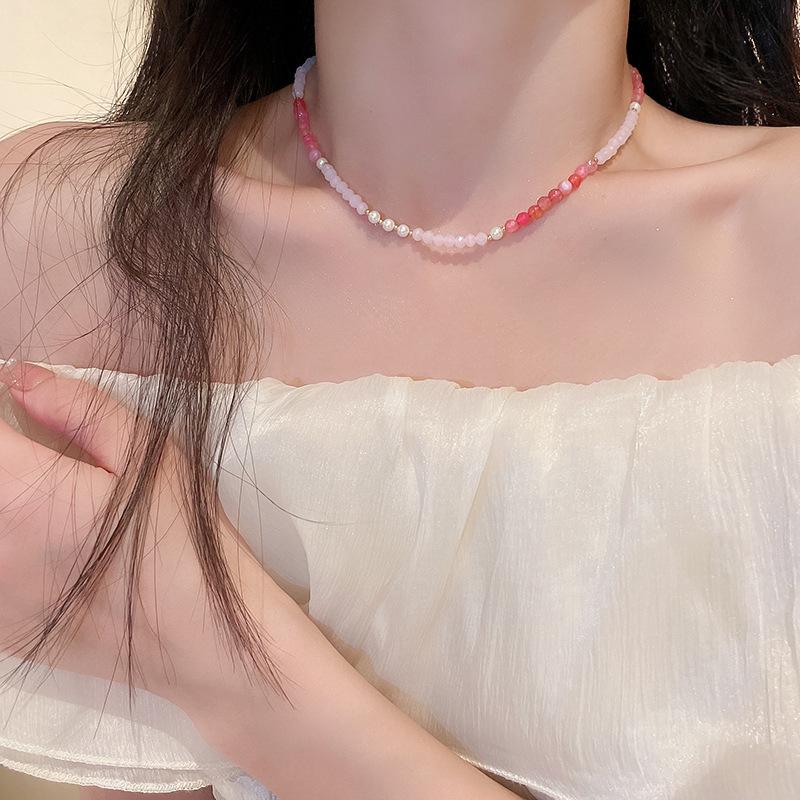 Color Crystal Natural Stone Agate Pearl Necklace Accessories High Sense Fashion Collarbone Chain Versatile Necklace Women