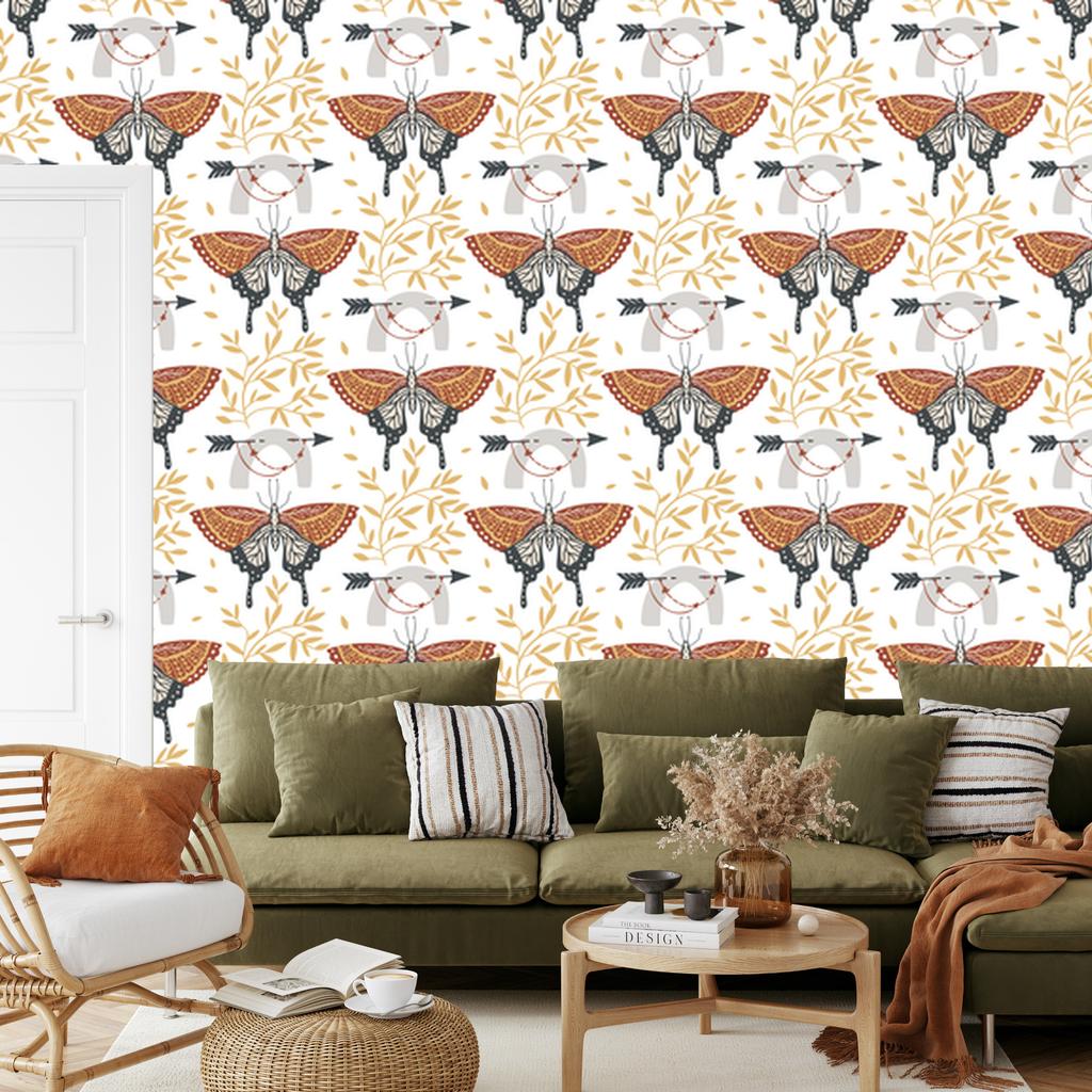 Rainbows and Butterflies Boho Wallpaper White, Cream and Orange 50x1000