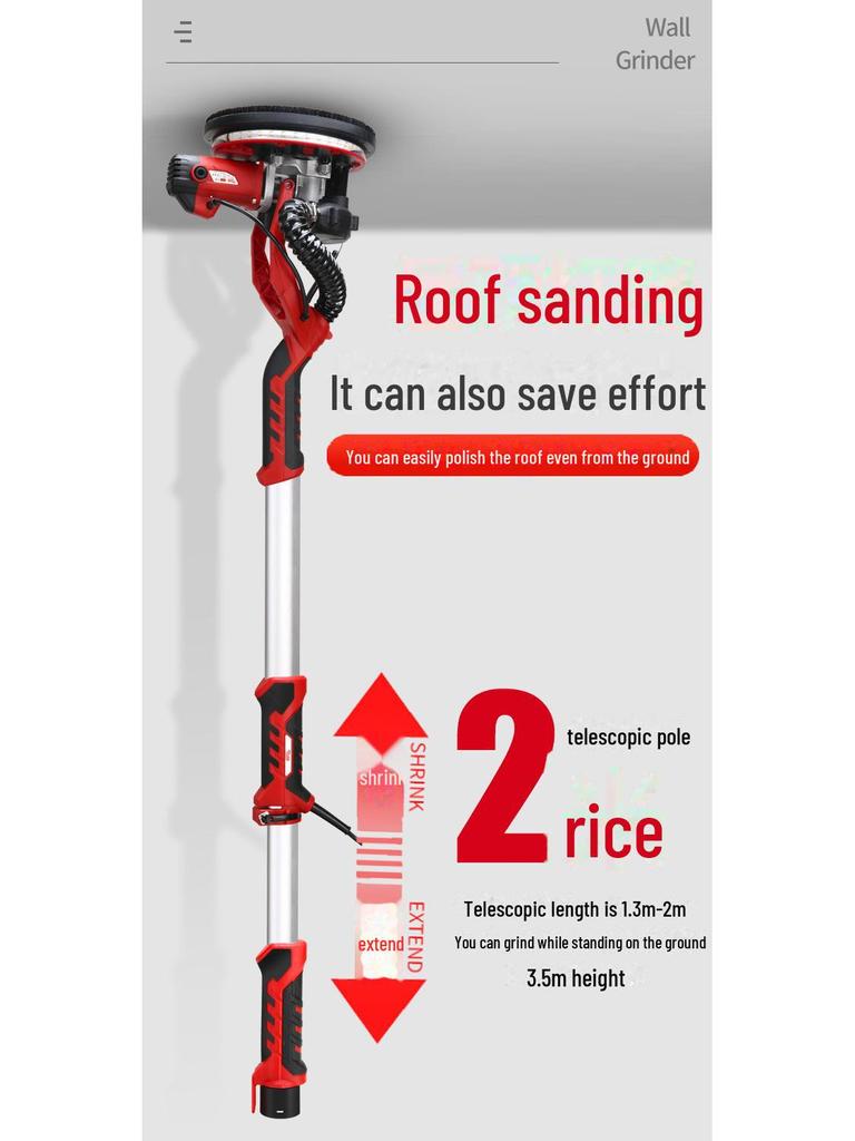 Customizable 225mm Self-Vacuuming Wall Putty Sandpaper Grinder with Light and Long Pole