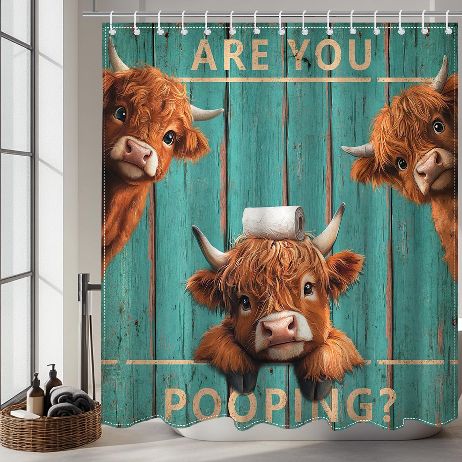 

Highland Cow Shower Curtain Rustic Bull Western Farmhouse Cattle Country Restroom Accessories Funny Farm Animal Bathroom Decor W60H190(CM)-1 Pcs