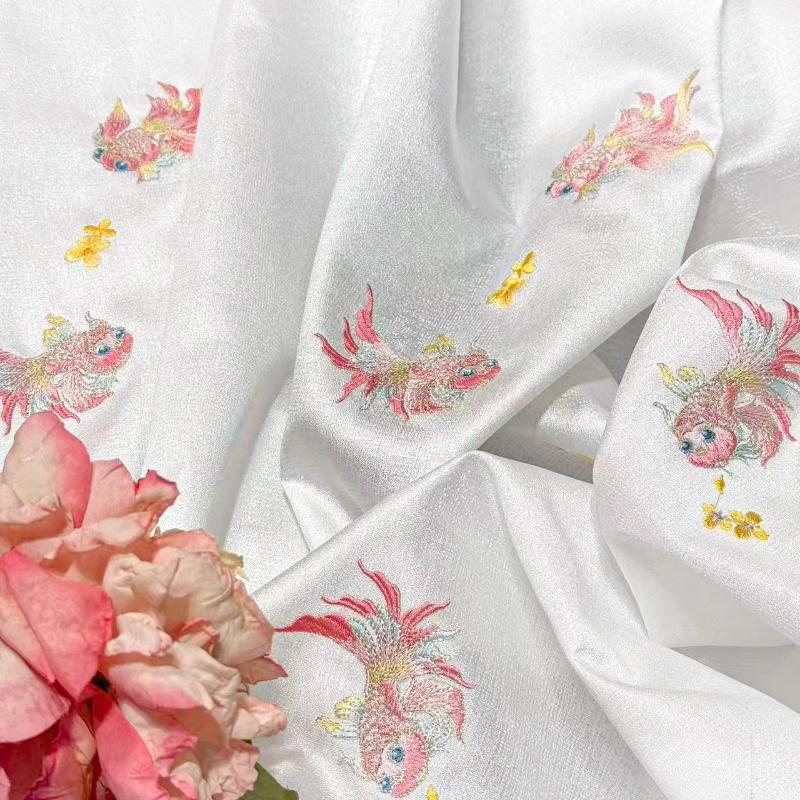 Printing Silk Chiffon Fabric Koi Carp Embroidery Fabric Tulle Handmade DIY Chinese Ancient Hanfu Stage Dance Dress Wedding Decor