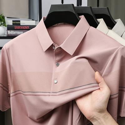 T-shirt med korta ärmar i is-silke för män på sommaren Tunn, moderiktig, andningsbar, randig och kragförsedd pikétröja