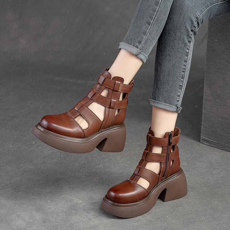 Fashion GKTINOO Women Sandals Wedges Heels Genuine Leather Round Toe Summer Fashion Female Gladiator Sandals Platform Shoes Woman