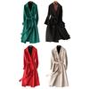 Womens Long Wool Peacoat Notched Lapel Open Front Trench Coat Slim Fit Fall Winter Warm Overcoat with Belt