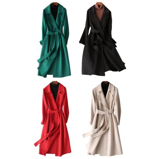 Damski Długi Wełniany Płaszcz Dwurzędowy Klapy z Wycięciem Otwarty Przód Płaszcz Trenczowy Slim Fit Jesień Zima Ciepły Płaszcz Wierzchni z Paskiem