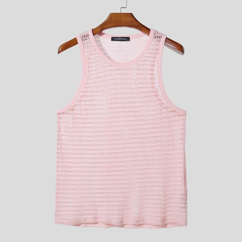 

INCERUN Men O Neck Sleeveless Mesh See Through Hollow Webbing Tank Tops 2XL