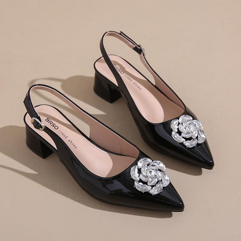 Rhinestone Bag Head Sandals Women's Summer One-pedal Pointed Fashion Shoes Flower Temperament Heels OL Women's Shoes Tide
