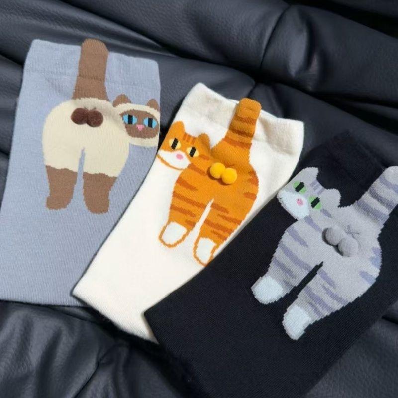 1/2Pair Cartoon Cute Dog Egg Cotton Socks Kawaii Women Lolita Knitting Middle Tube Socks Cat Butt Print Cat Balls Couple Sock