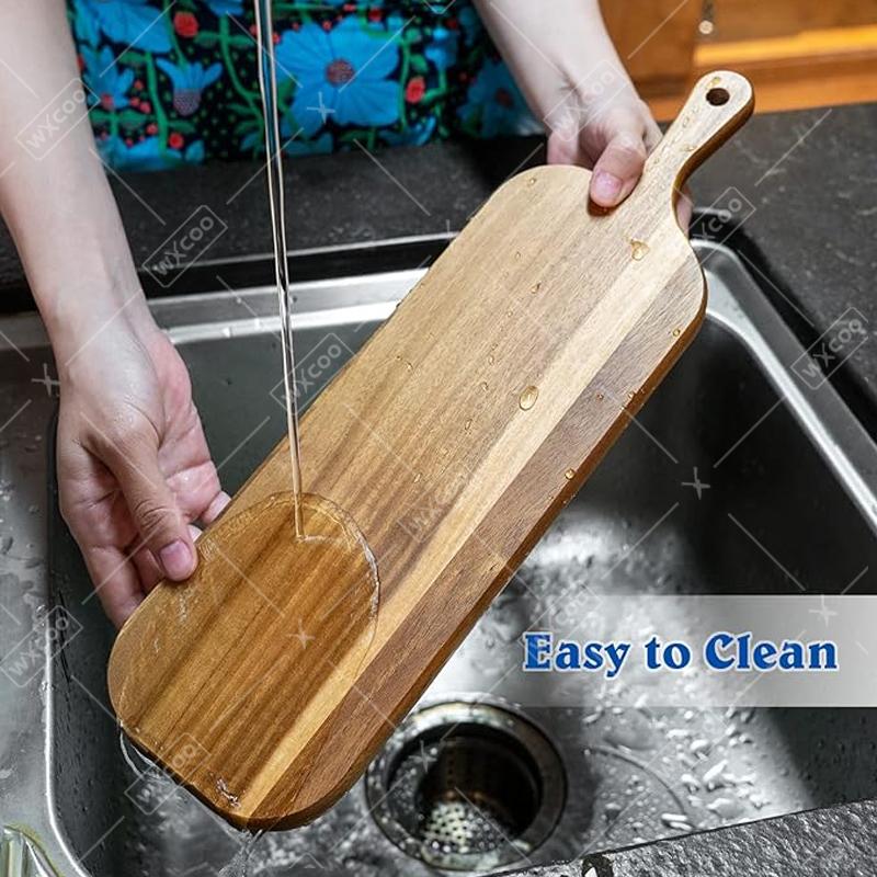WXCOO1pc Long Handle Food Boards Kitchen Solid Wood Cutting Board Cake Dessert Tray Acacia Wood Food Boards Kitchen Supplies
