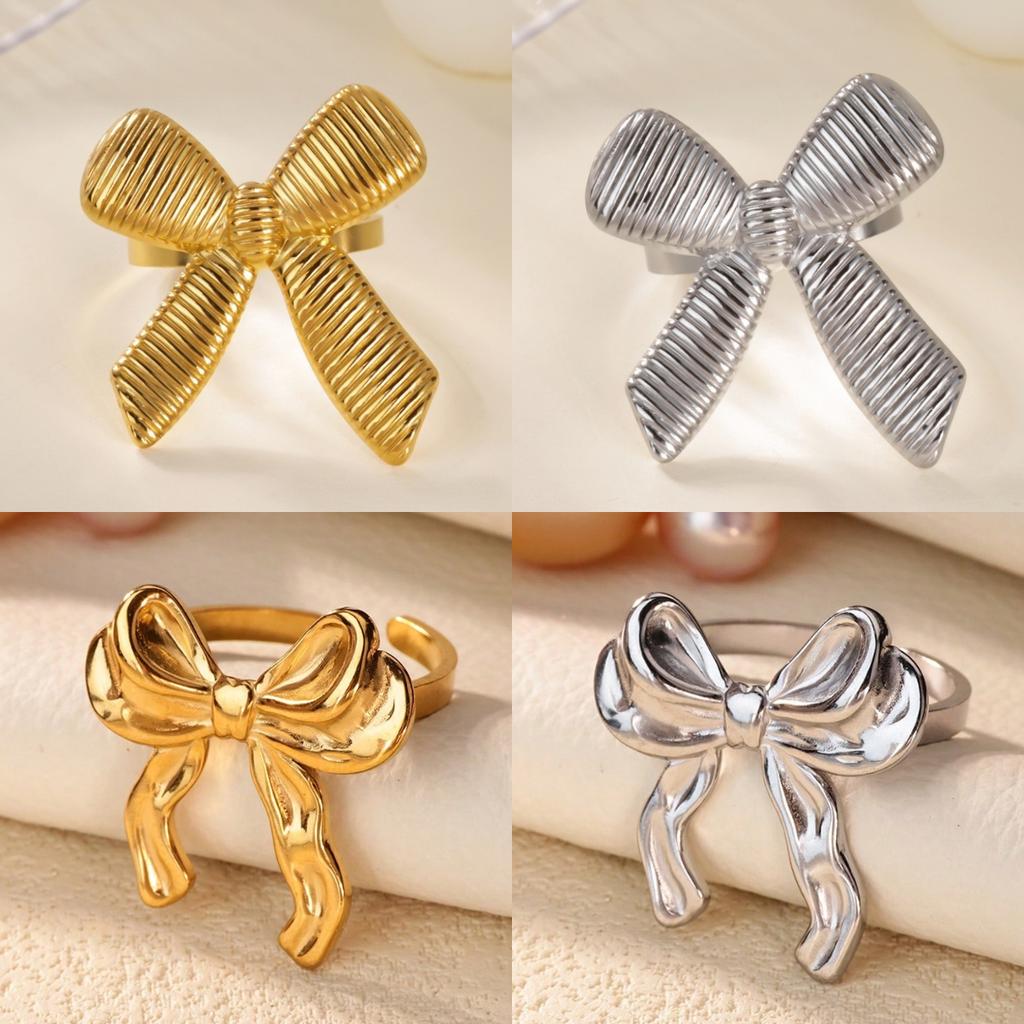Ribbon Bow Stainless Steel Rings for Women Mama 18K Gold-plated Anti Fading Open Ring Wedding Jewelry Vacation Accessories Gifts