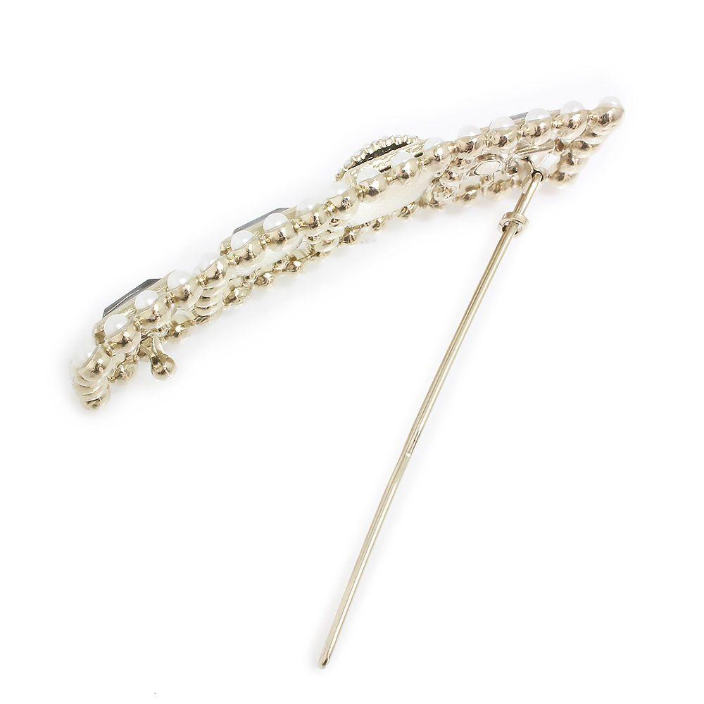 Used Chanel Coco Mark Pearl Stone Square Barrette Clip Hair Accessory Gold (Unused Storage Item)
