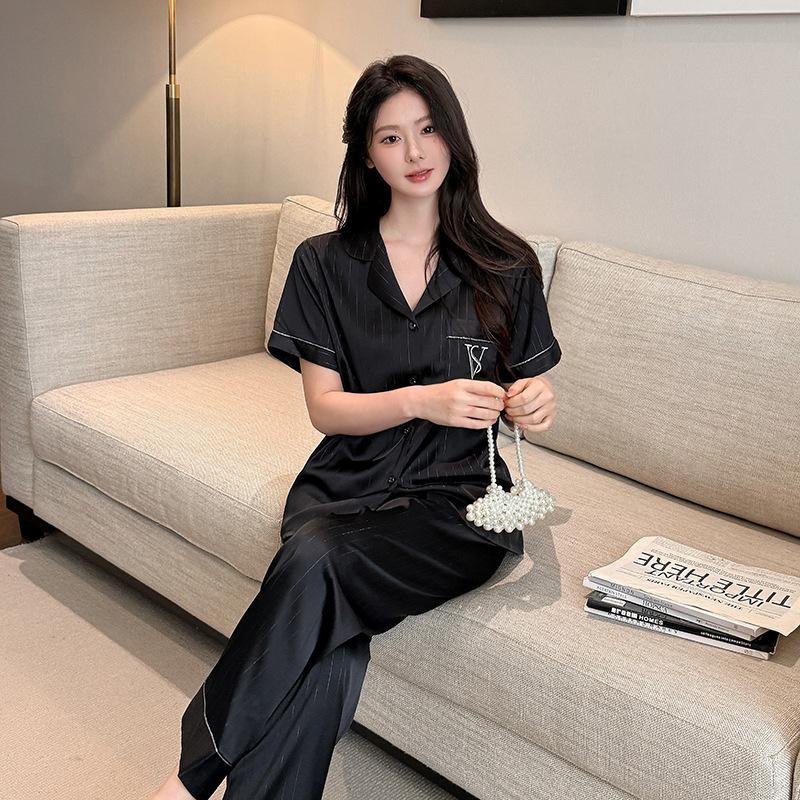 

New couple pajamas for one man and one woman, spring and summer ice silk high-end short-sleeved loungewear, two-piece set XXL