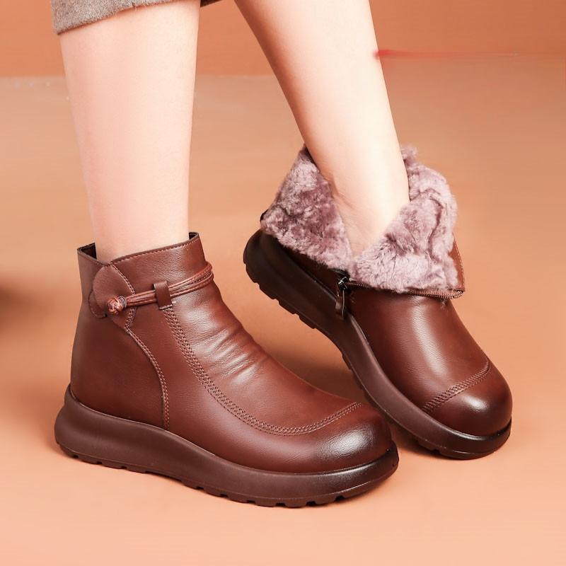 Fashion Winter Women Genuine Leather Ankle Boots Female Thick Wool Warm Snow Boots Mother Waterproof Non-slip Booties