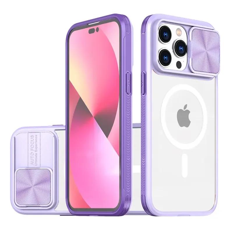 Slide Camera Lens Protector Armor Case For iPhone 16 15 13 14 Plus 11 12 Pro Max For Magsafe Shockproof Armor Bumper Clear Cover