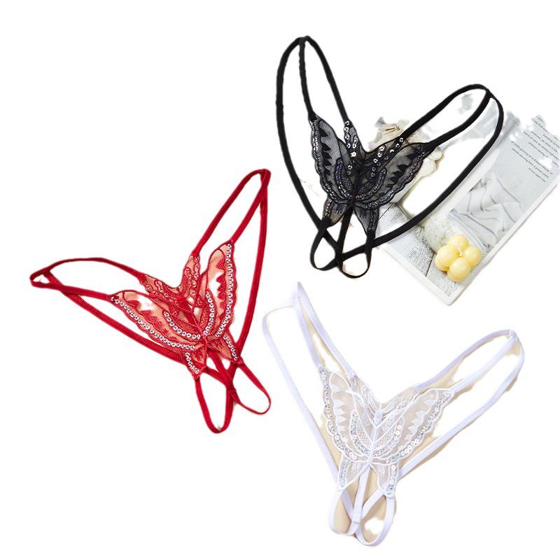 Women's Sequin Embroidered Butterfly Flower Open Crotch Thong - Transparent Hollow-Out Lingerie.