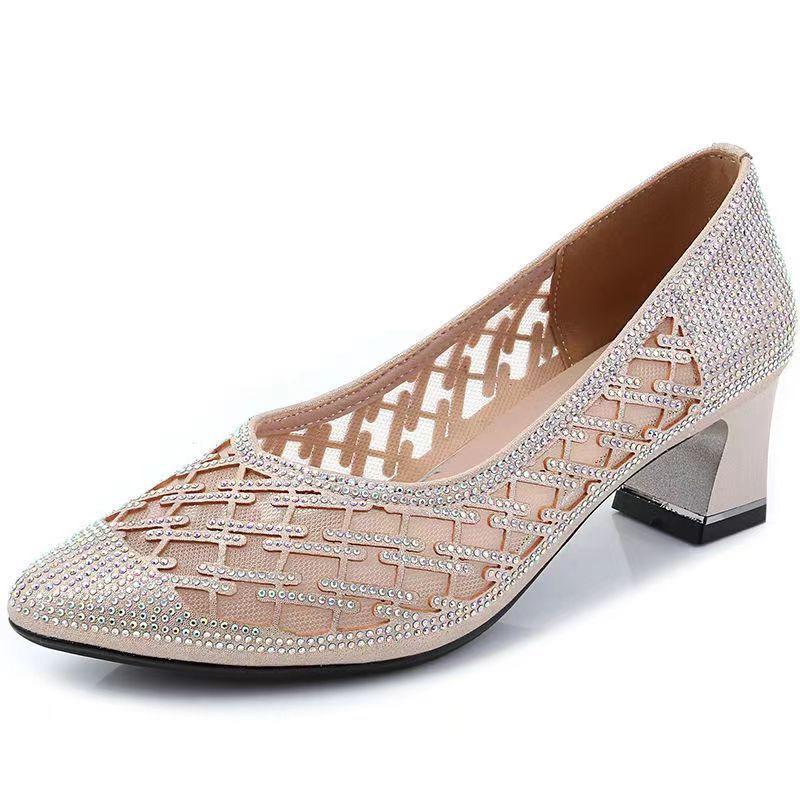 2025 Summer Rhinestone Mesh Pointed-Toe Mid-Heel Sandals with Skirt, Women's Fashion Shoes