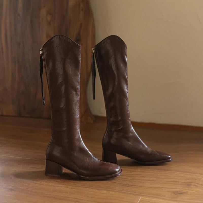 Autumn and Winter Square Head High Boots Rubber Sole Large Size Women's Boots Middle Heel Back Zipper Leather Boots Women's Solid Color Square Head F