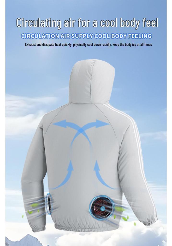 Paar Kapuzen-Sonnenschutz-Kühljacke mit Ventilator zur Vorbeugung von Hitzschlag im Freien