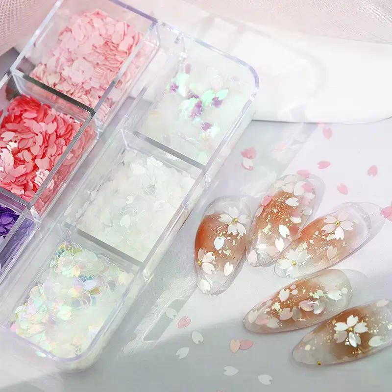 6 Grids Shining Flower Petal Chip Nail Sequins Cherry Blossoms Glitter Stickers Spring Holographic Decor Flakes Colorful Decor