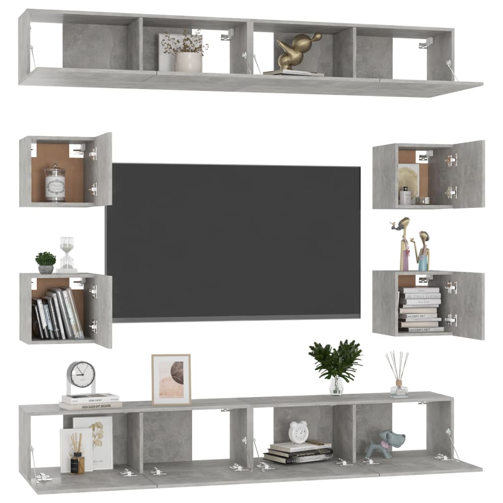 8 piece TV cabinet set concrete grey particleboard