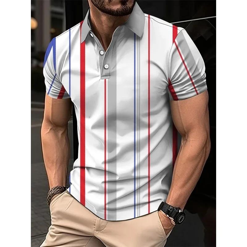 3D Printed Striped Color Block Men's Polo Shirt Colorful Pattern T-shirt Summer Loose Street Lapel Top Button Short-sleeved