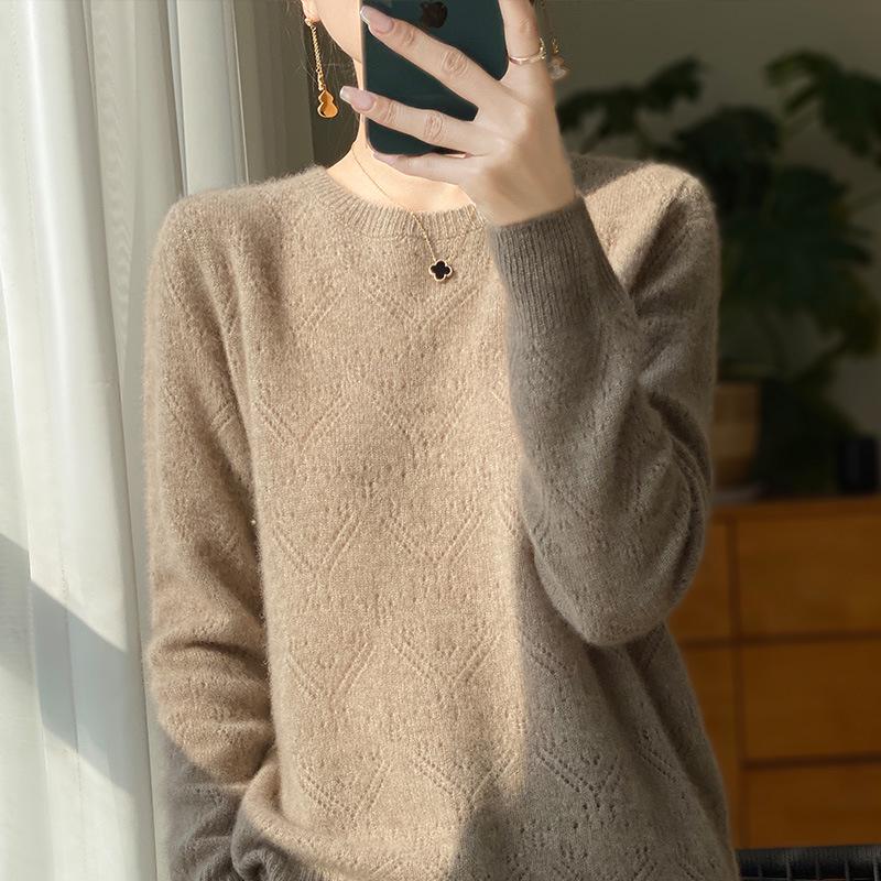 

Новый дизайн 100% шерсть женский свитер пуловер вязаный с круглым вырезом мягкий ворсистый ажурный для осени и зимы S (approx. 43-50 kg)