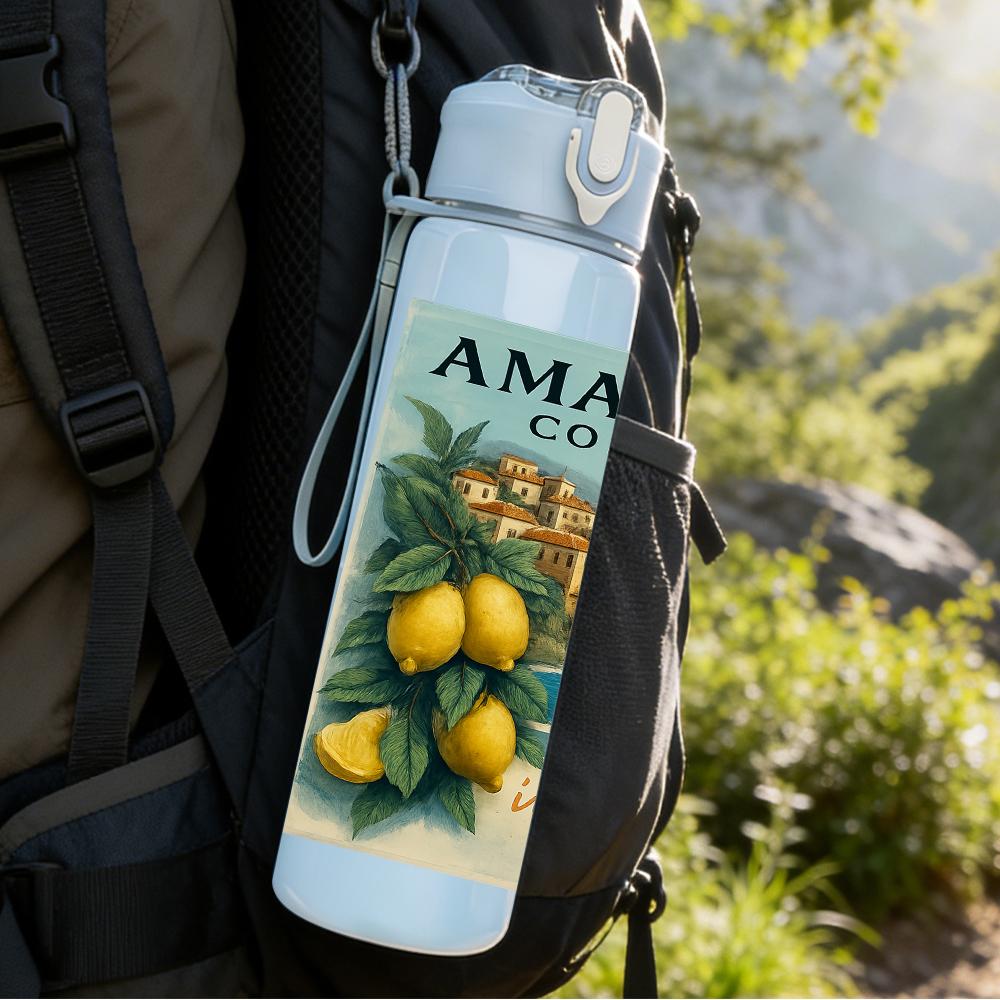 1PC Amalfi Coast Vintage Poster 750ml Color Plastic Sports Water Bottle Leakproof Flip Straw Lid For Sports Office Home Use