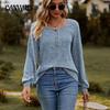 Autumn and Winter Women's Sweater Round Neck Pit Stripe Milled Solid Color Button Patchwork Long Sleeve Top