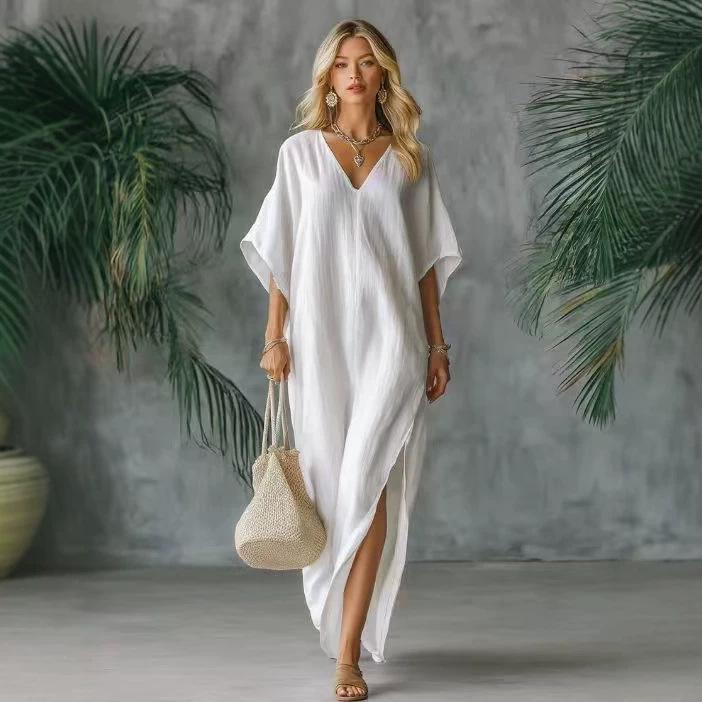 European and American New V-neck Bat Sleeve Split Ends Loose Temperament Dress Long Dress Women's Clothing