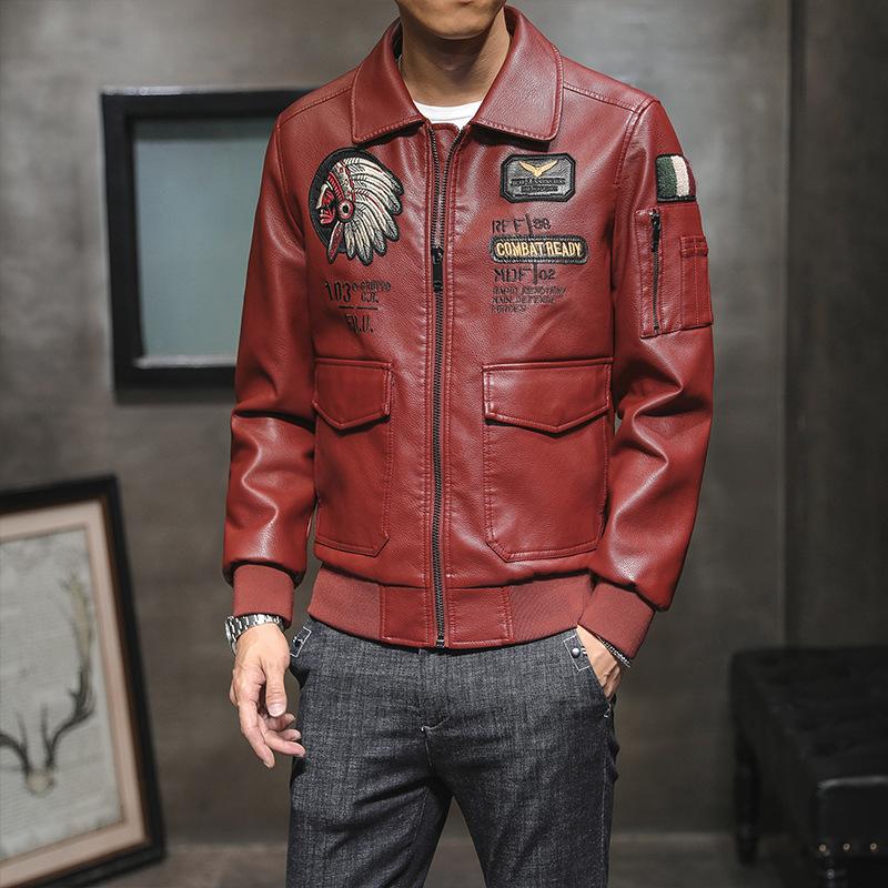 Leather Jacket Men's Autumn New European and American Punk Casual Trend Embroidered Leather Jacket Youth Motorcycle Jacket Men's Jacket Trend