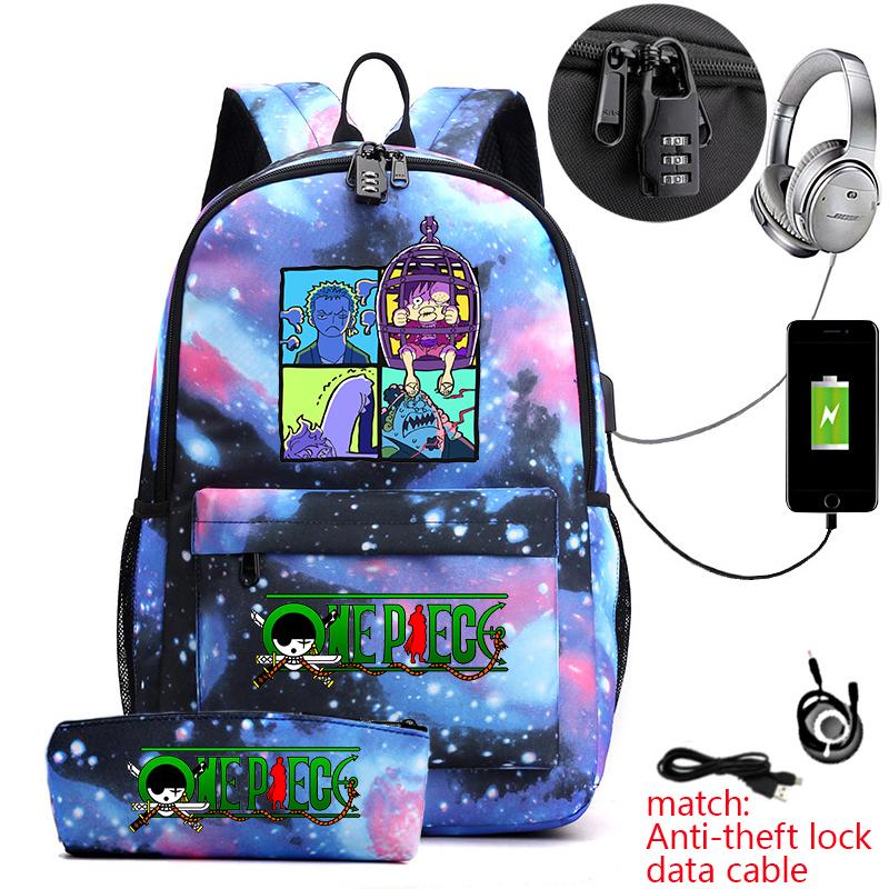 One Piece Zoro Print Anti Theft School Backpack Student Bookbag with Pen Case for Kids Teens