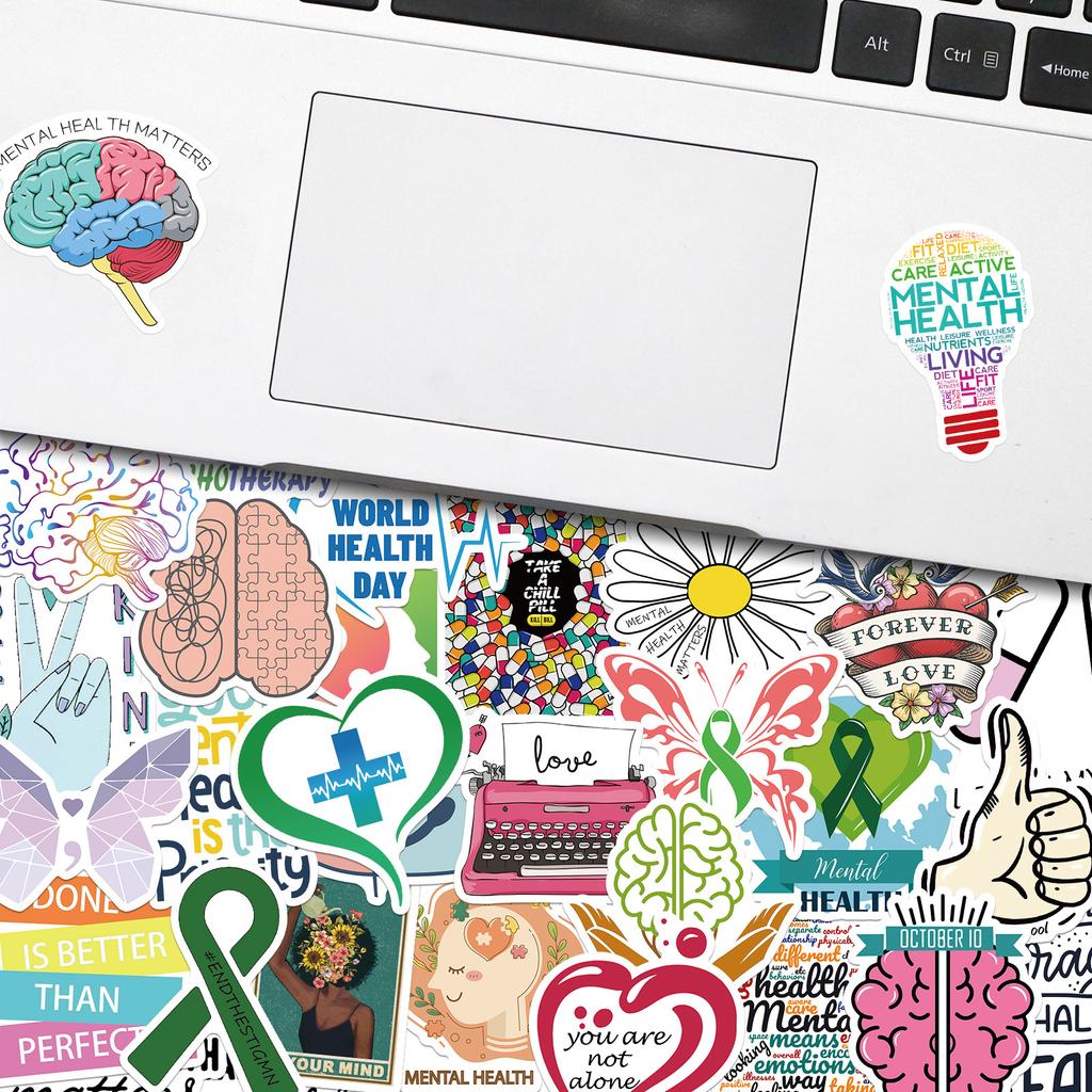 50 piezas de pegatinas de salud mental, nuevas pegatinas de doodle de concienciación sobre la salud mental, pegatinas de guitarra y patineta al por mayor